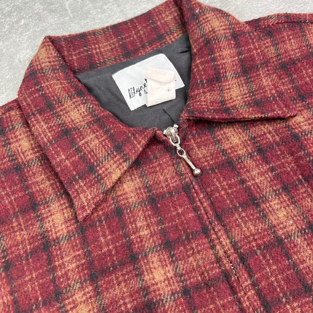 Vtg Rolyne & Diane Plaid Jacket Women Large Burgundy Wool Blend Zip Up Cinch Hem